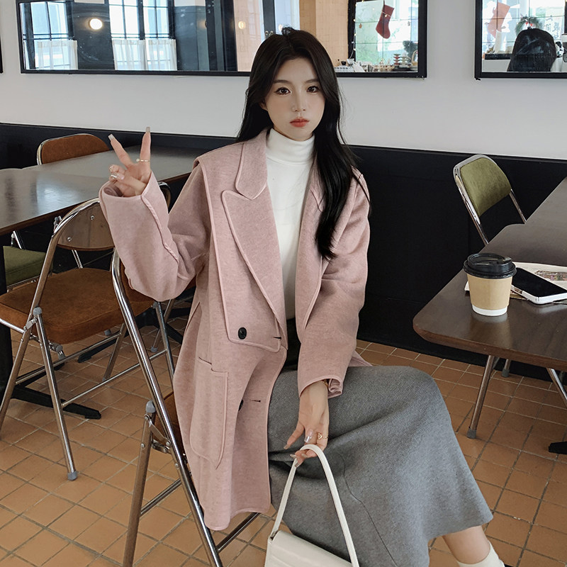 2025冬季新款韩系西装领设计感粉色外女c057-A06-P195-K288,女装毛呢外套,2C057