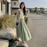 绿色甜妹绝美针织开衫格子吊带长裙女夏新款森系别致两件套连衣裙，女装连衣裙，2C166
