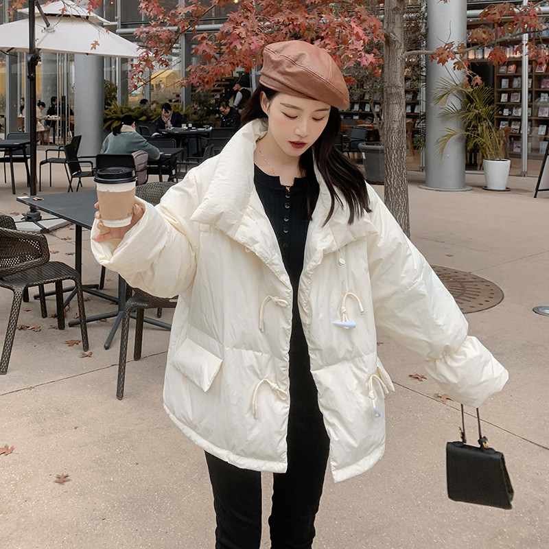 粉色牛角扣羽绒服女2025冬季新款韩系温柔风小个子短款白鸭绒外套图片