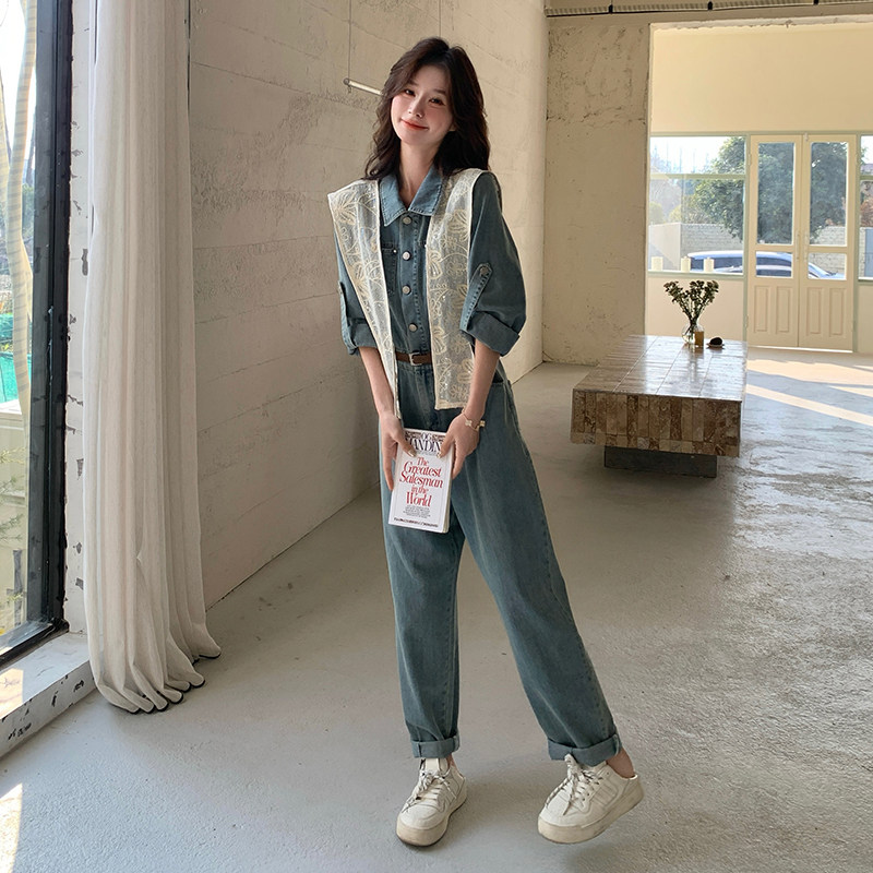 新品蕾丝花边披肩拼接韩系牛仔连体阔腿裤5856-P155-K228,女装连体裤,2C159