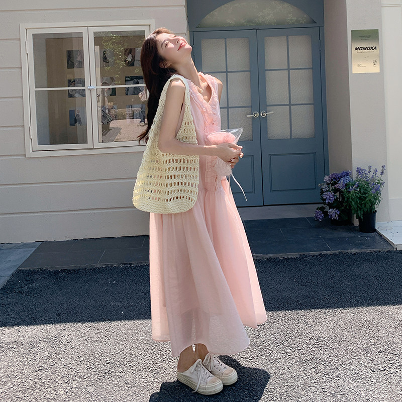 粉色海边度假木耳边背心裙女夏新款小清新温柔甜美显瘦减龄连衣裙,女装连衣裙,2C025