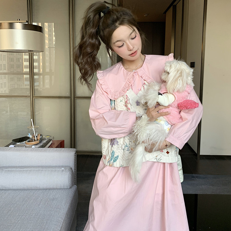 针织马甲粉色娃娃领连衣裙两件套女2025春秋季新款温柔风长裙套装,女装套装/套裙,2C332