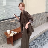 职业通勤穿搭咖色西装套装女春秋2025超火好看高级感阔腿裤三件套，女装套装/套裙，2C218