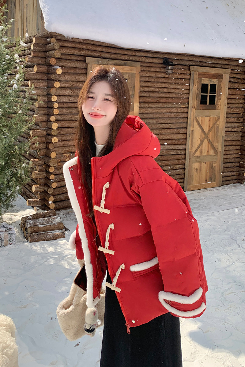 红色牛角扣羽绒服女2025冬季新款小个子加厚保暖白鸭绒面包服外套图片