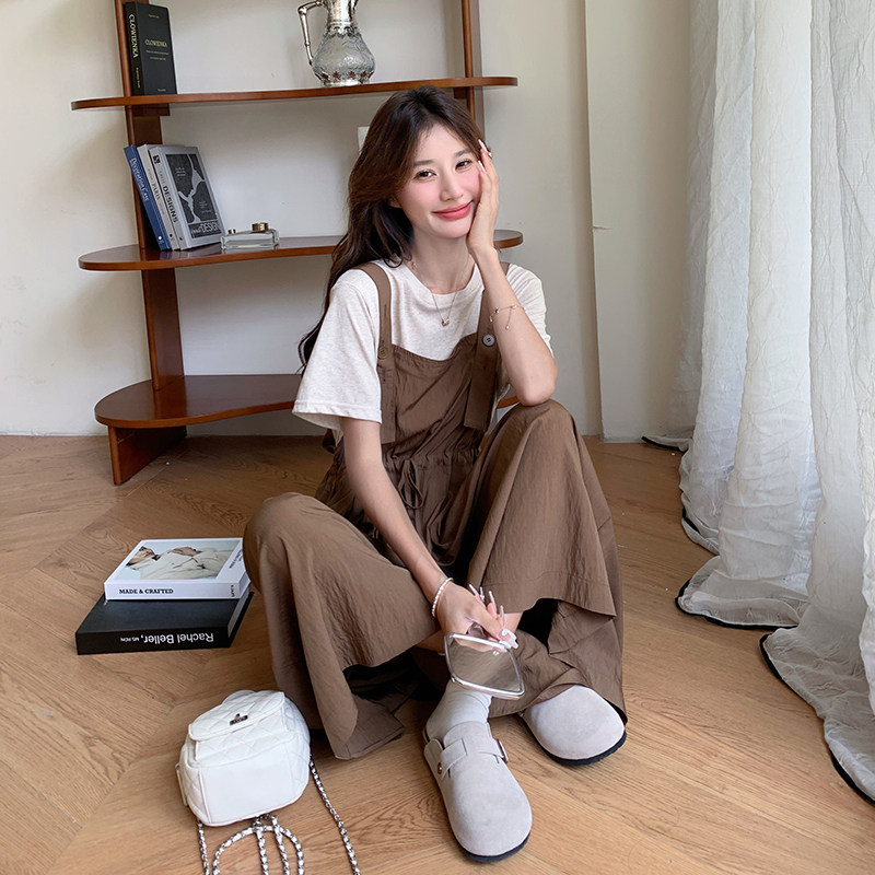 时尚套装女夏季休闲洋气减龄显瘦短袖T恤背带阔腿裤两件套,女装套装/套裙,2C166