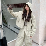 设计感酷飒拽姐工装套装女2025秋季新款连帽外套拼接阔腿裤两件套，女装套装/套裙，2C275