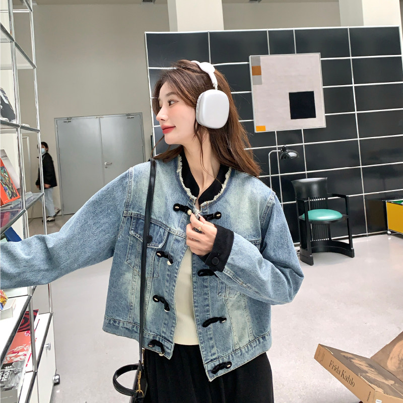 蓝色牛仔外套春秋女2024新款韩版宽松高级感撞色炸街减龄短款上衣,女装短外套,2D146