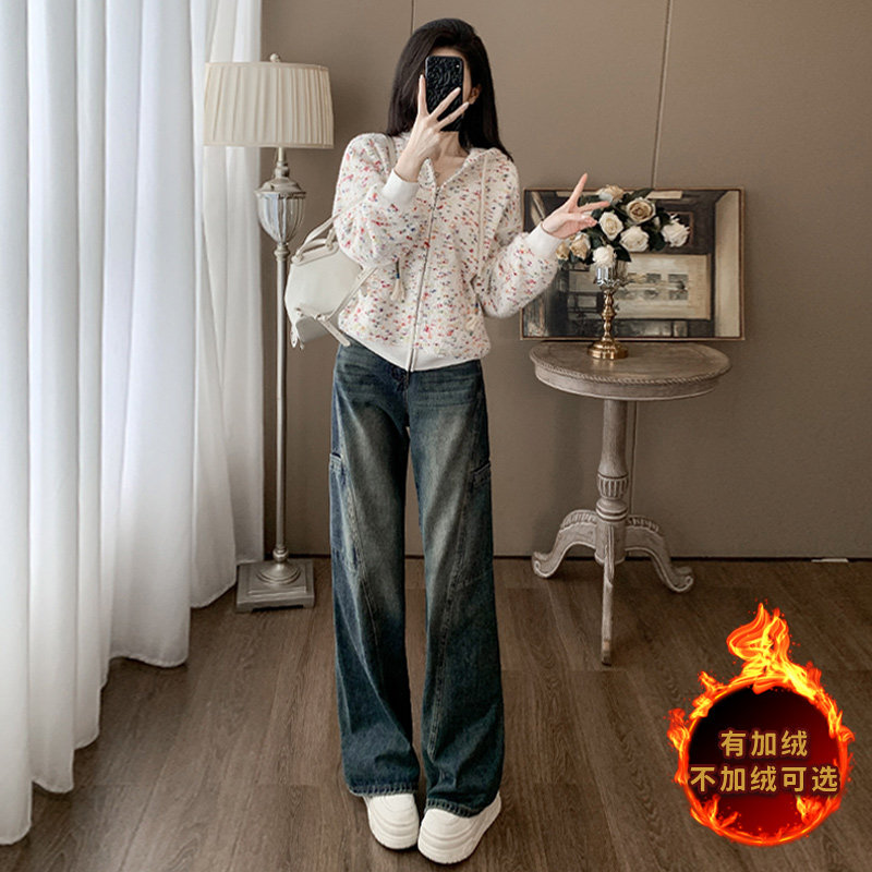 碎花加绒连帽卫衣牛仔阔腿裤两件套潮,女装套装/套裙,2C310
