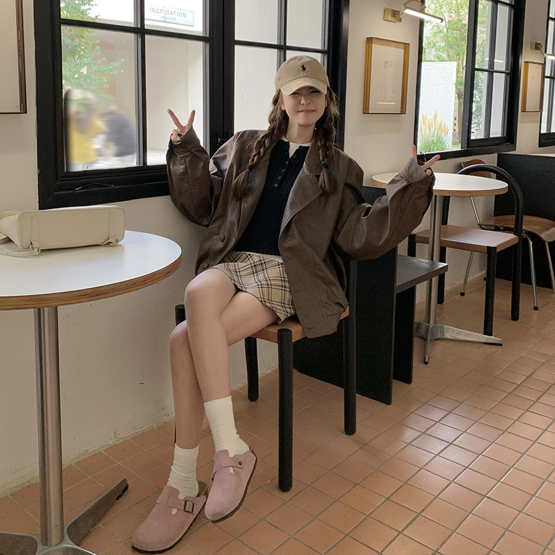 咖色皮衣外套女春秋2026新款高级感小个子宽松机车皮夹克潮,女装皮衣,2C166