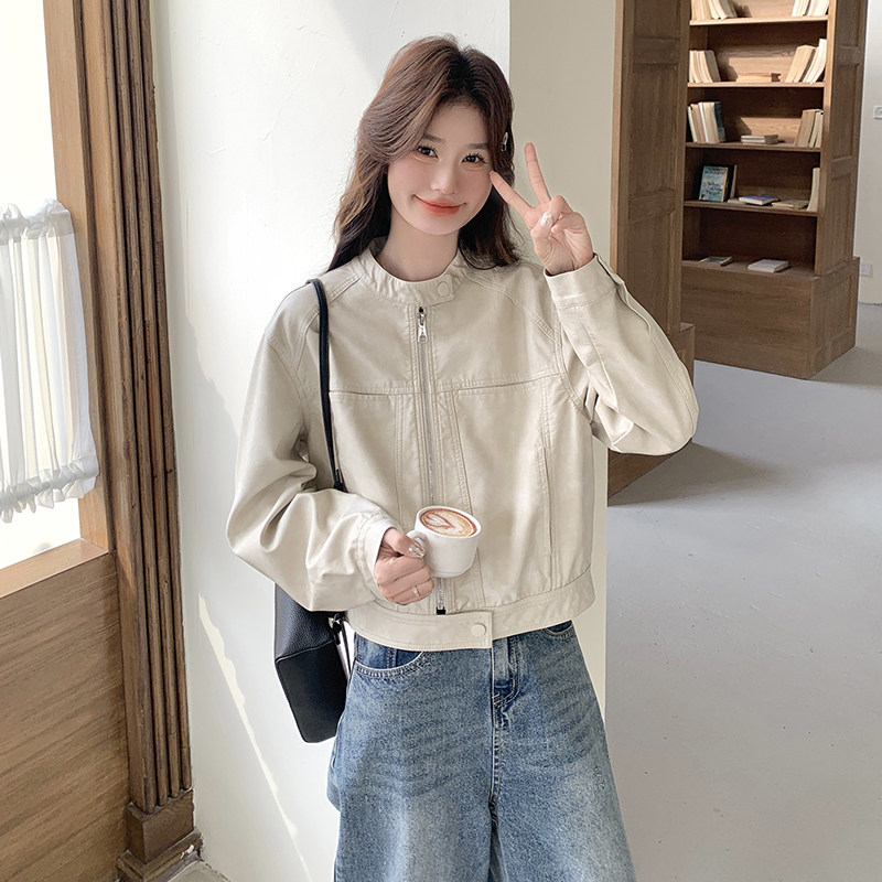白色短款小皮衣外套女款2025新款春秋高级感小个子修身pu皮夹克,女装皮衣,2C218