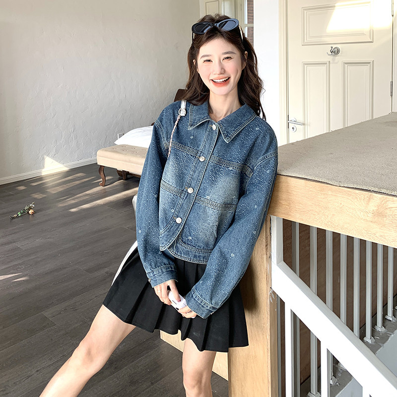 肌理感提花翻领牛仔外套女春秋2025新款小个子流行韩系超好看夹克,女装短外套,2C166