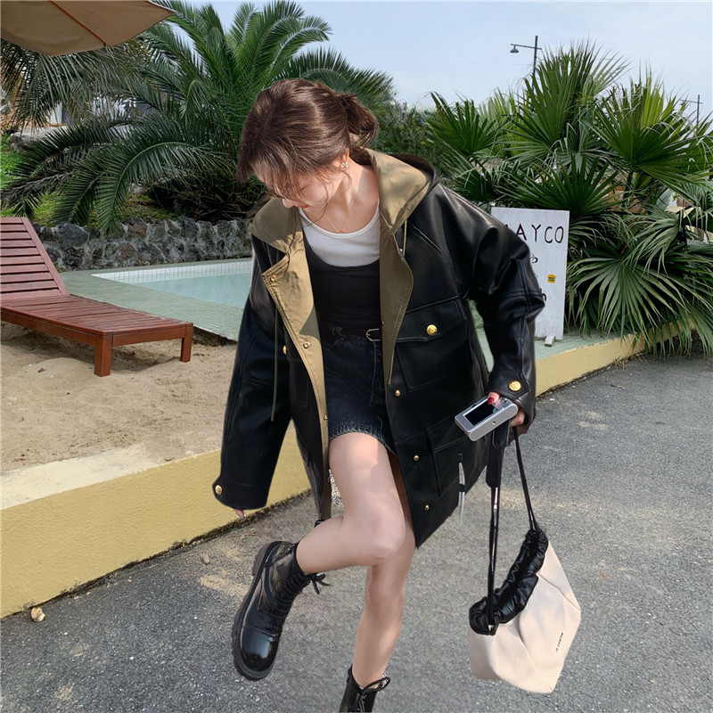 设计感撞色拼接连帽PU皮衣外套女2025春秋季新款显瘦工装夹克上衣,女装皮衣,2C113