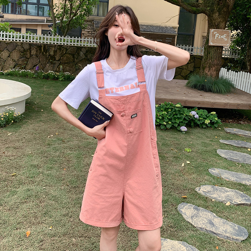 甜美粉色背带裤女2025夏季新款小个子宽松显瘦减龄高腰短裤,女装连体裤,2D045