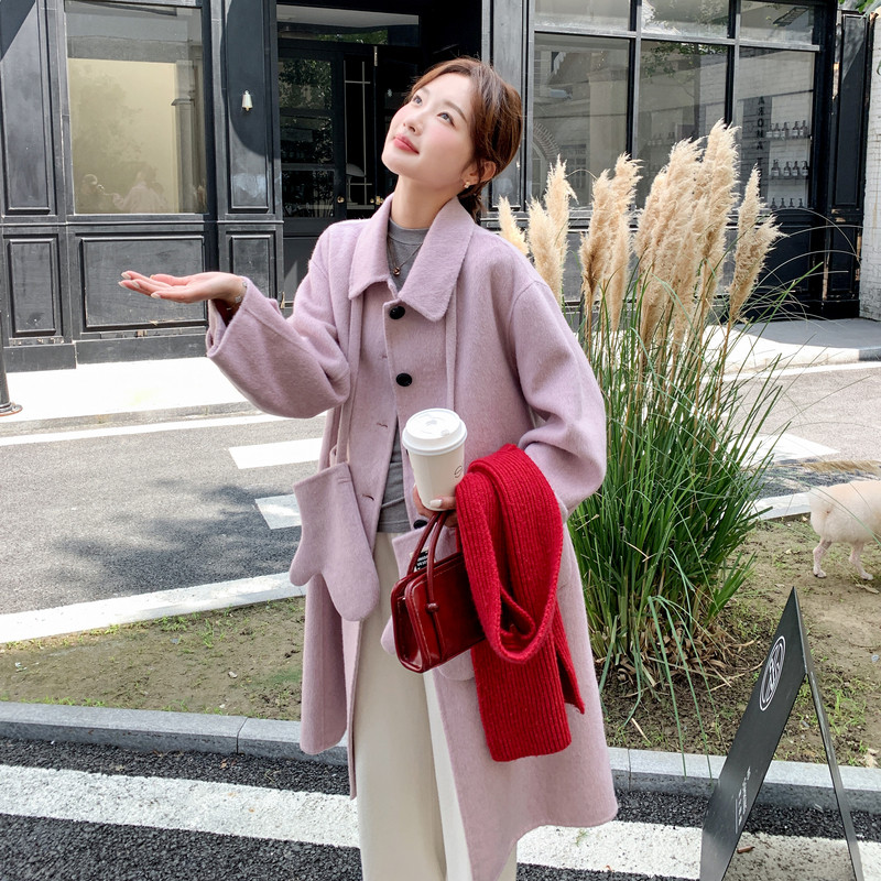 新款2B114P255K345秋冬时尚减龄配手套单排扣呢子外套女装,女装毛呢外套,2B114