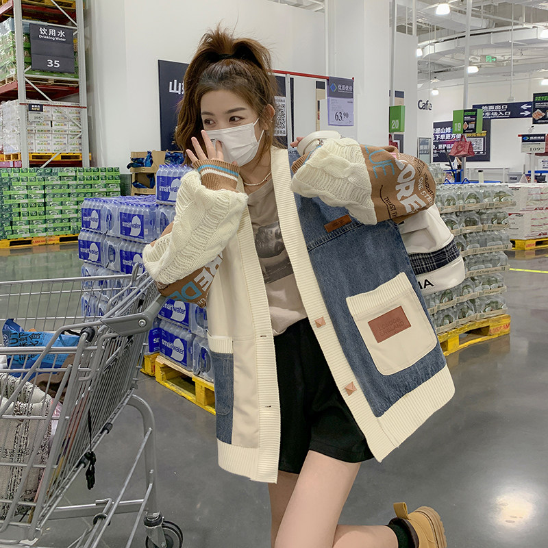 牛仔拼接毛衣开衫女宽松针织袖外套女2C112-CF66-P140-K198,女装毛呢外套,2C112