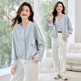 蓝色洋气减龄皮衣外套女2025春季新款小个子休闲百搭圆领夹克上衣，女装皮衣，衣珂纱朗