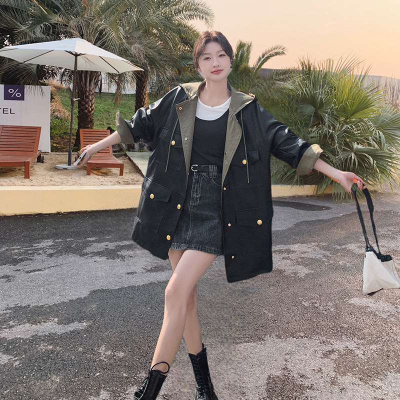 设计感撞色拼接连帽PU皮衣外套女2025春秋季新款显瘦工装夹克上衣,女装皮衣,2C113