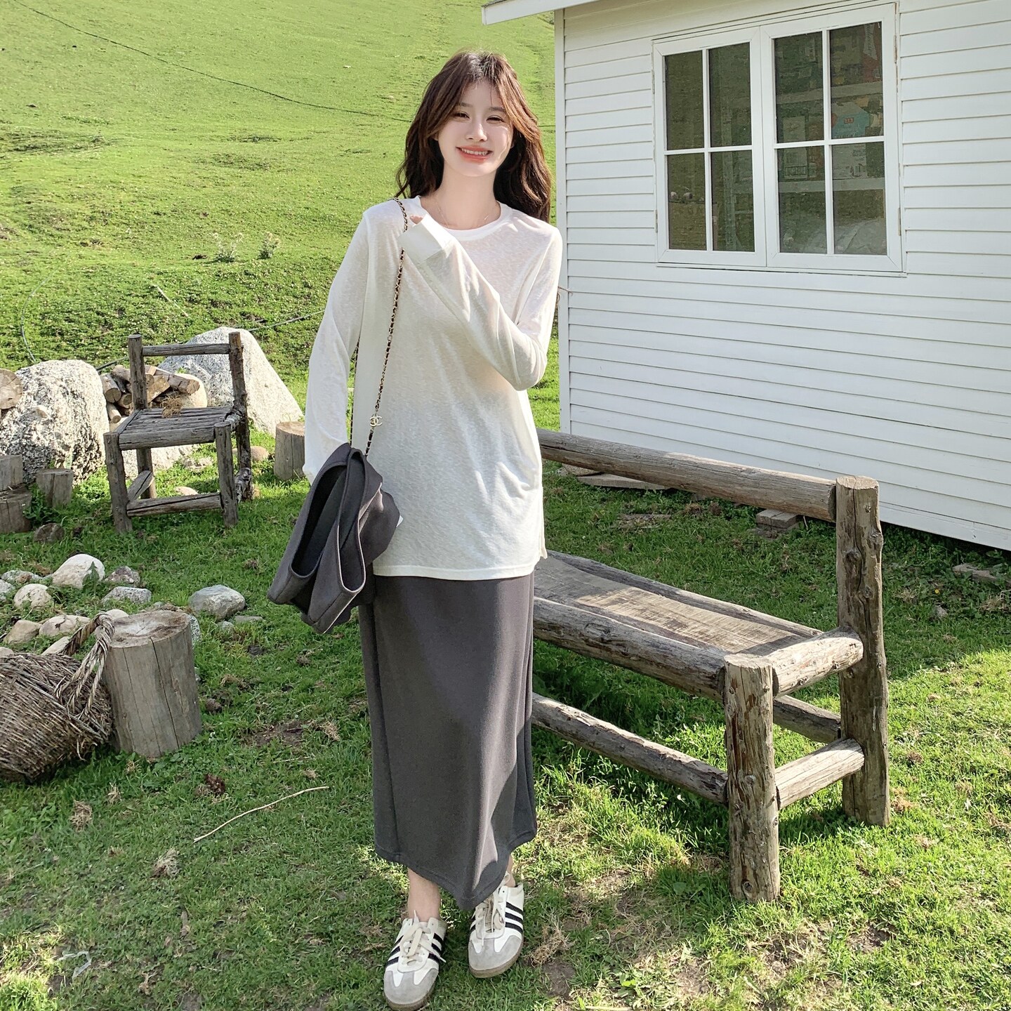 灰色韩系简约休闲马甲套装裙女2025秋季新款长袖T恤半身裙三件套,女装套装/套裙,2C159