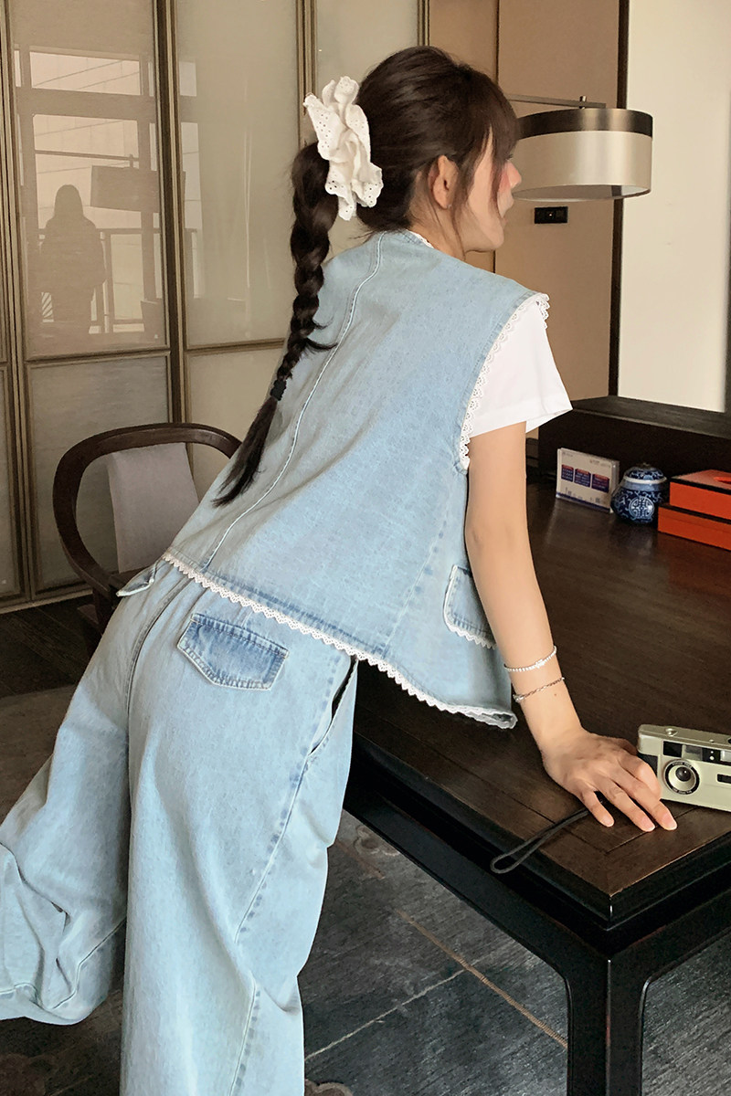 盐甜系穿搭蕾丝飘带牛仔套装女2025春季新款超火马甲阔腿裤两件套,女装套装/套裙,2C177