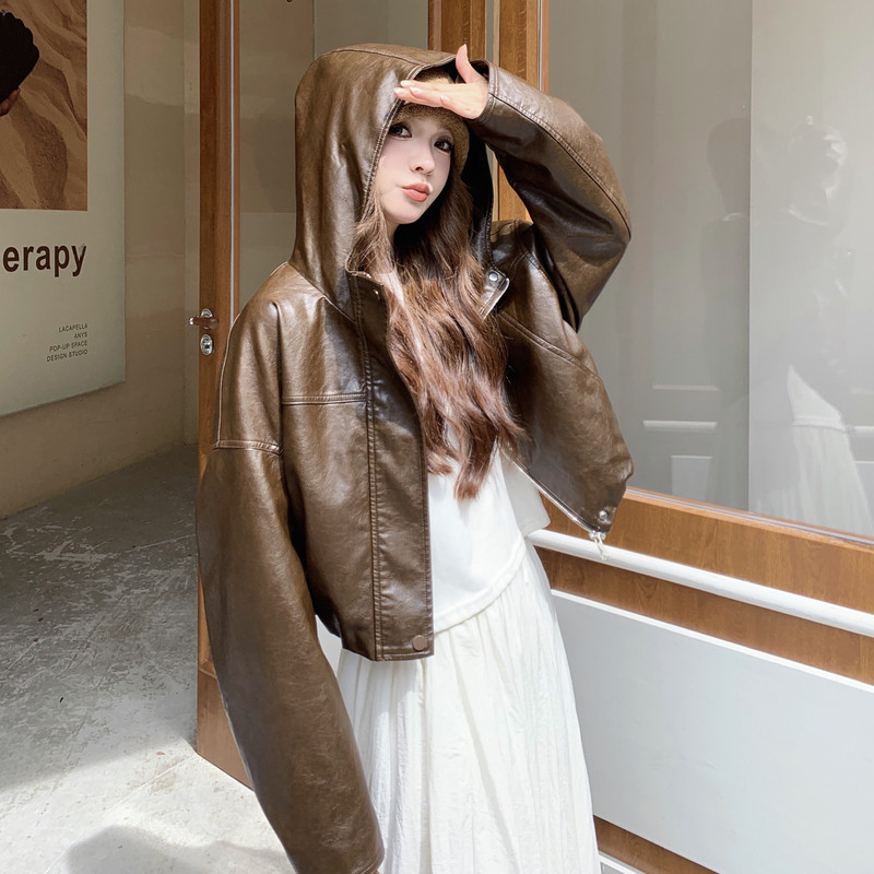 设计感显瘦连帽PU皮衣外套女2025春秋季新款韩版宽松休闲夹克上衣,女装皮衣,2C082