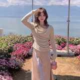 掐腰褶皱针织衫上衣+醋酸A字裙春秋两件套2C353/8666/P170/K248，女装套装/套裙，2C353