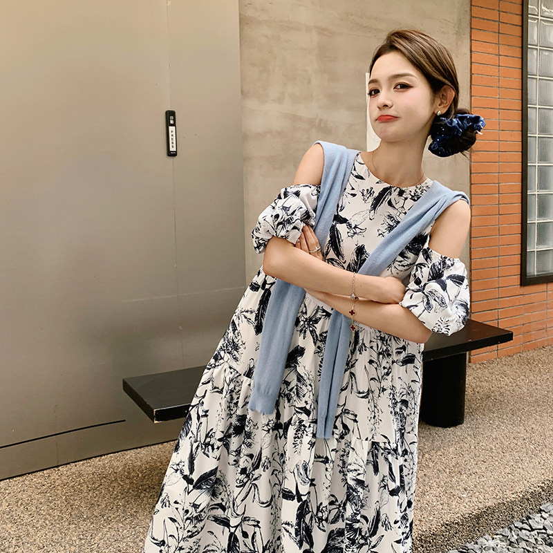 法式露肩泡泡袖连衣裙女2025夏季新款国风水墨画宽松显瘦甜美长裙,女装连衣裙,2C052