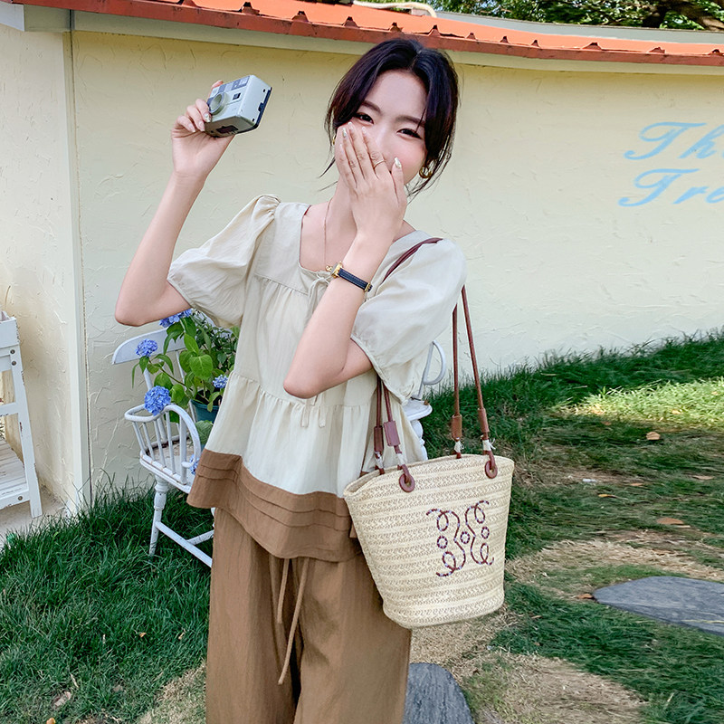 韩系时尚轻熟风套装女2025夏季新款撞色方领上衣显瘦阔腿裤两件套图片