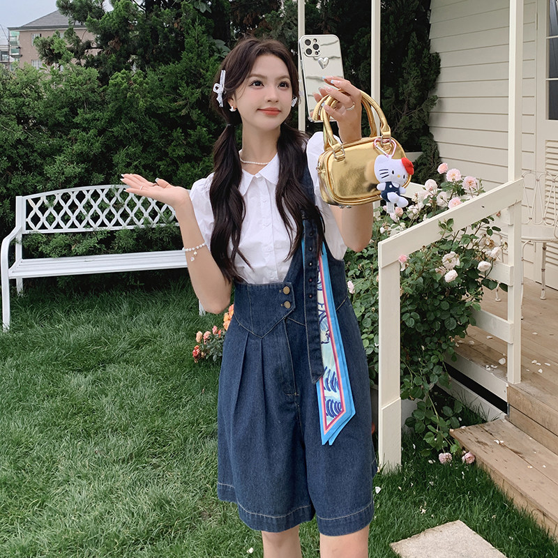 港风复古蓝色牛仔背带裤女2025夏新款设计感小众休闲显瘦连体短裤,女装牛仔裤,2C112