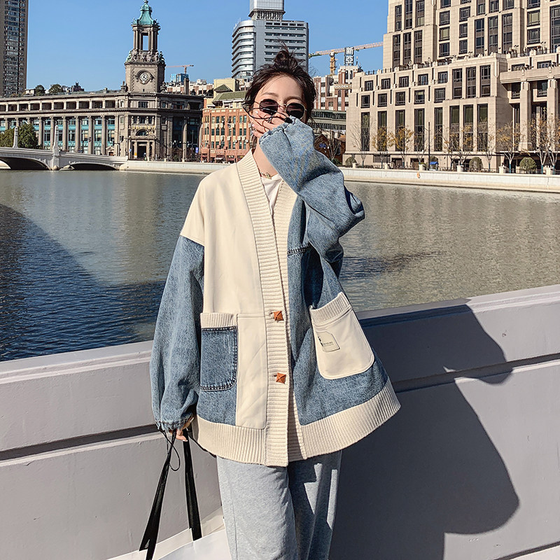 独特超好看拼接牛仔外套女春秋2025新款小众设计感超火慵懒风开衫,女装短外套,2C112