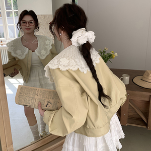 蕾丝花边大翻领皮衣外套女2025春季新款时尚高级感气质夹克上衣潮图片