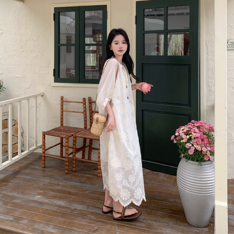 法式提花白色连衣裙女2025新款夏季小个子甜美减龄气质高级感长裙,女装连衣裙,2D146