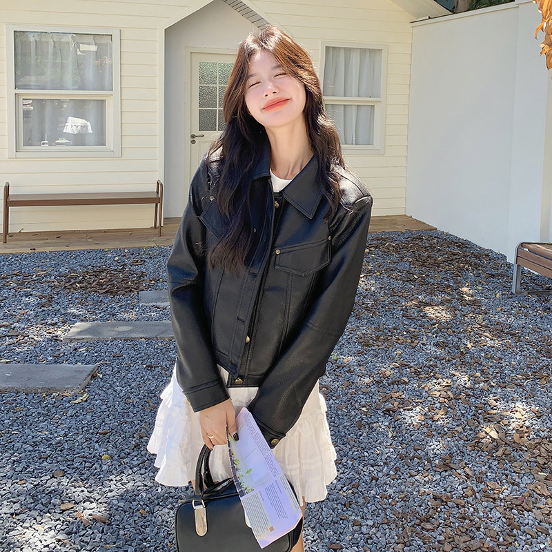 气质短款翻领黑色皮衣外套女春秋2025新款小个子机车服PU夹克超火,女装皮衣,2C122