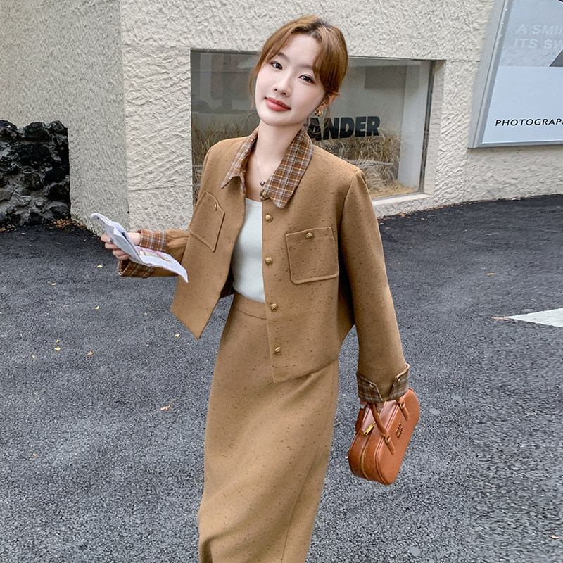 卡其色韩系小香风毛呢套装裙女春秋2025新款气质轻熟半身裙两件套,女装套装/套裙,2C166