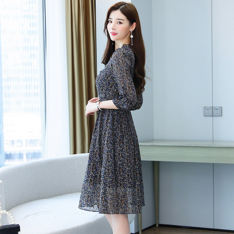 2025新款春装高档减龄气质雪纺碎花收腰中长款连衣裙,女装连衣裙,丽莎妳雅