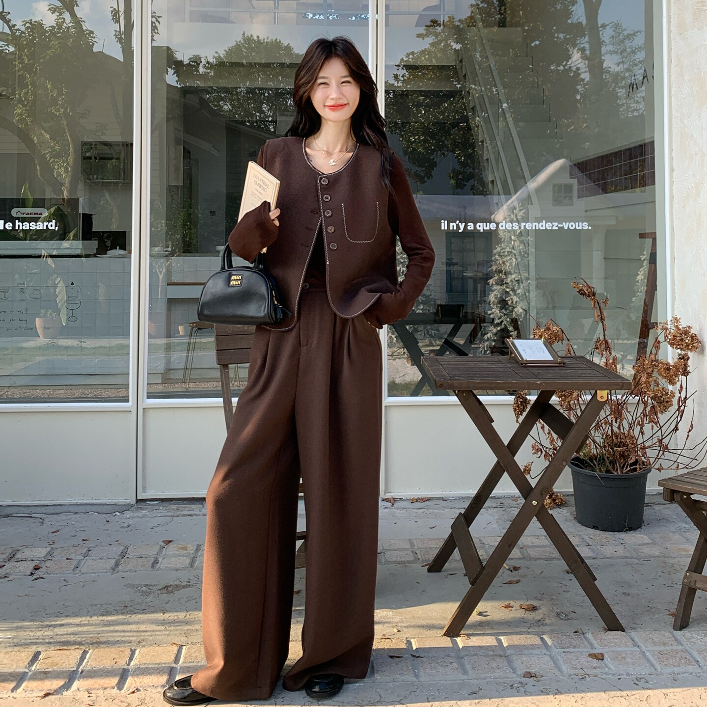 质感高级咖色西装马甲套装女2025春秋款时尚气质腰封阔腿裤三件套图片