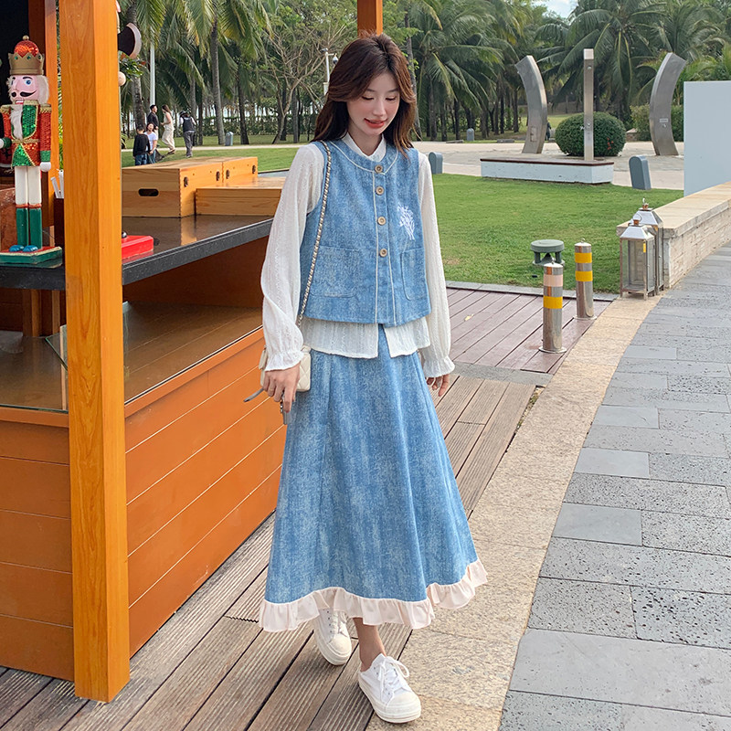 蓝色休闲衬衫牛仔半身裙套装女2025春季新款高级感宽松复古三件套,女装连衣裙,2C177