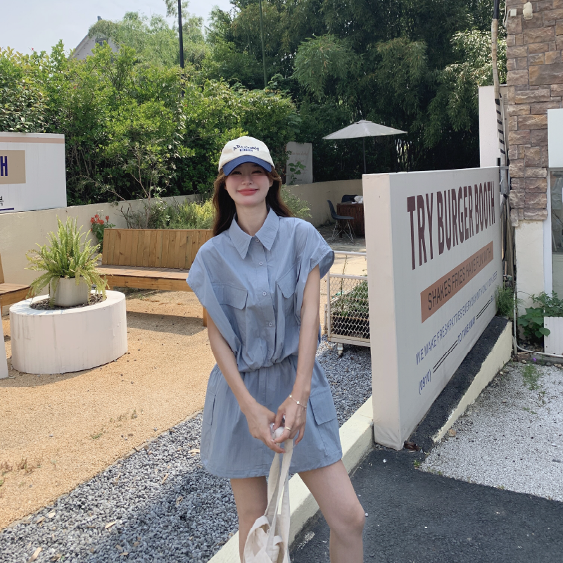 小个子穿搭轻薄无袖衬衫套装女夏新款字母背心休闲显瘦短裤三件套,女装套装/套裙,2D146
