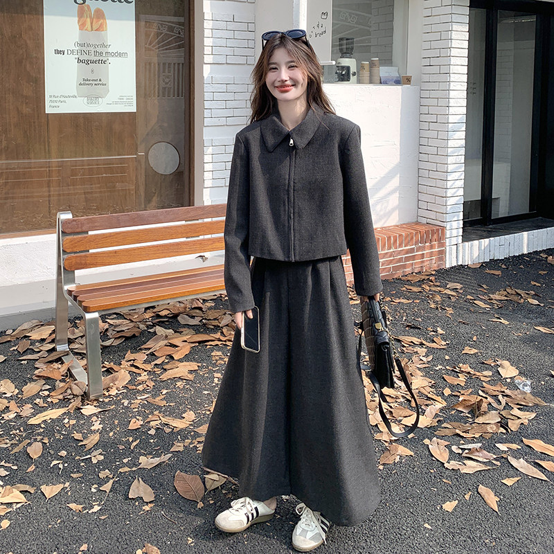 韩版盐系气质显瘦短款上衣套装女2025春秋季新款a字半身裙两件套,女装套装/套裙,2C277