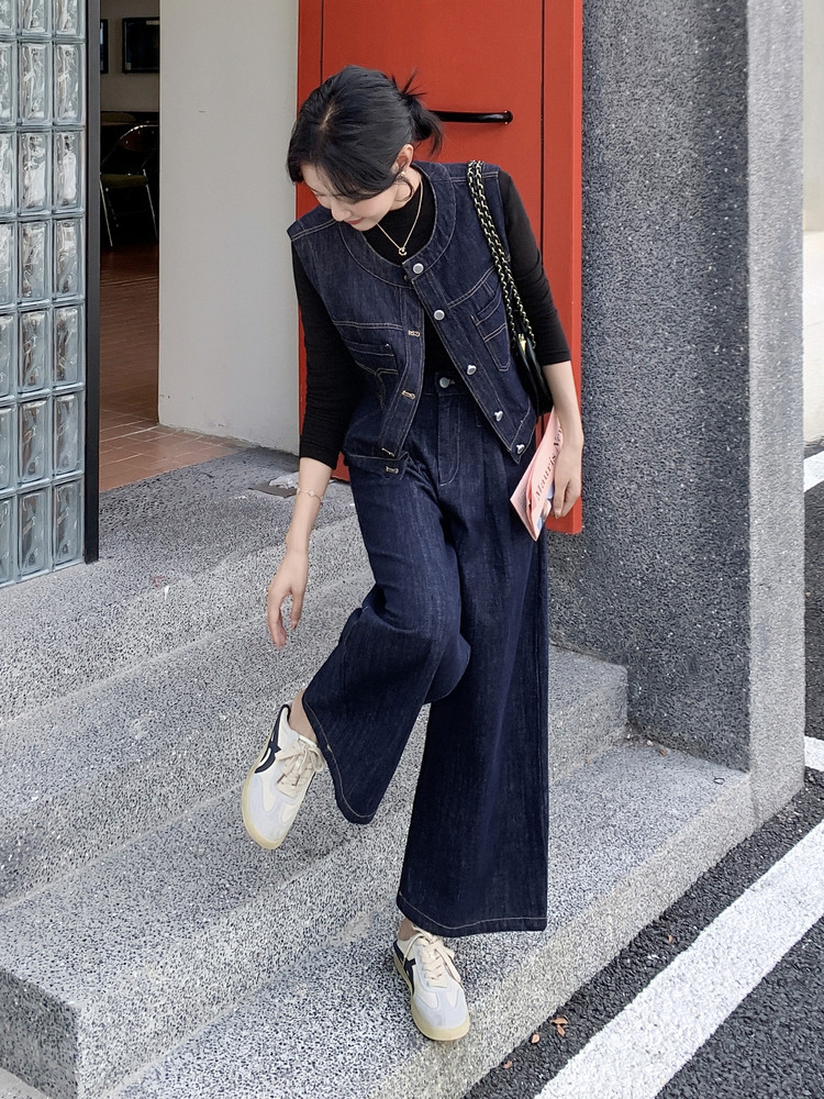 港风时尚设计感牛仔套装女2025年春秋季新款宽松外套阔腿裤两件套图片