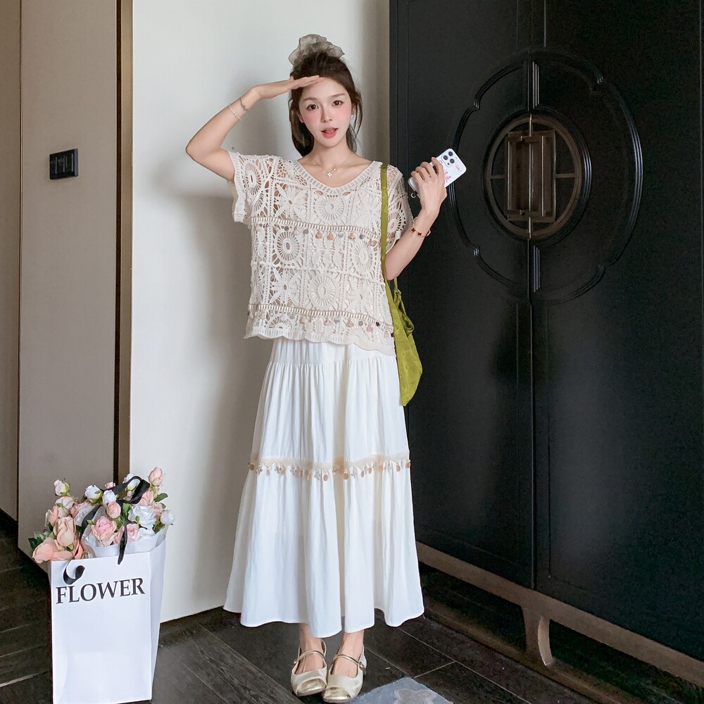 欧洲站2025春夏新款时尚细肩带背心吊带搭配网眼吊坠小衫三件套女,女装套装/套裙,2C166
