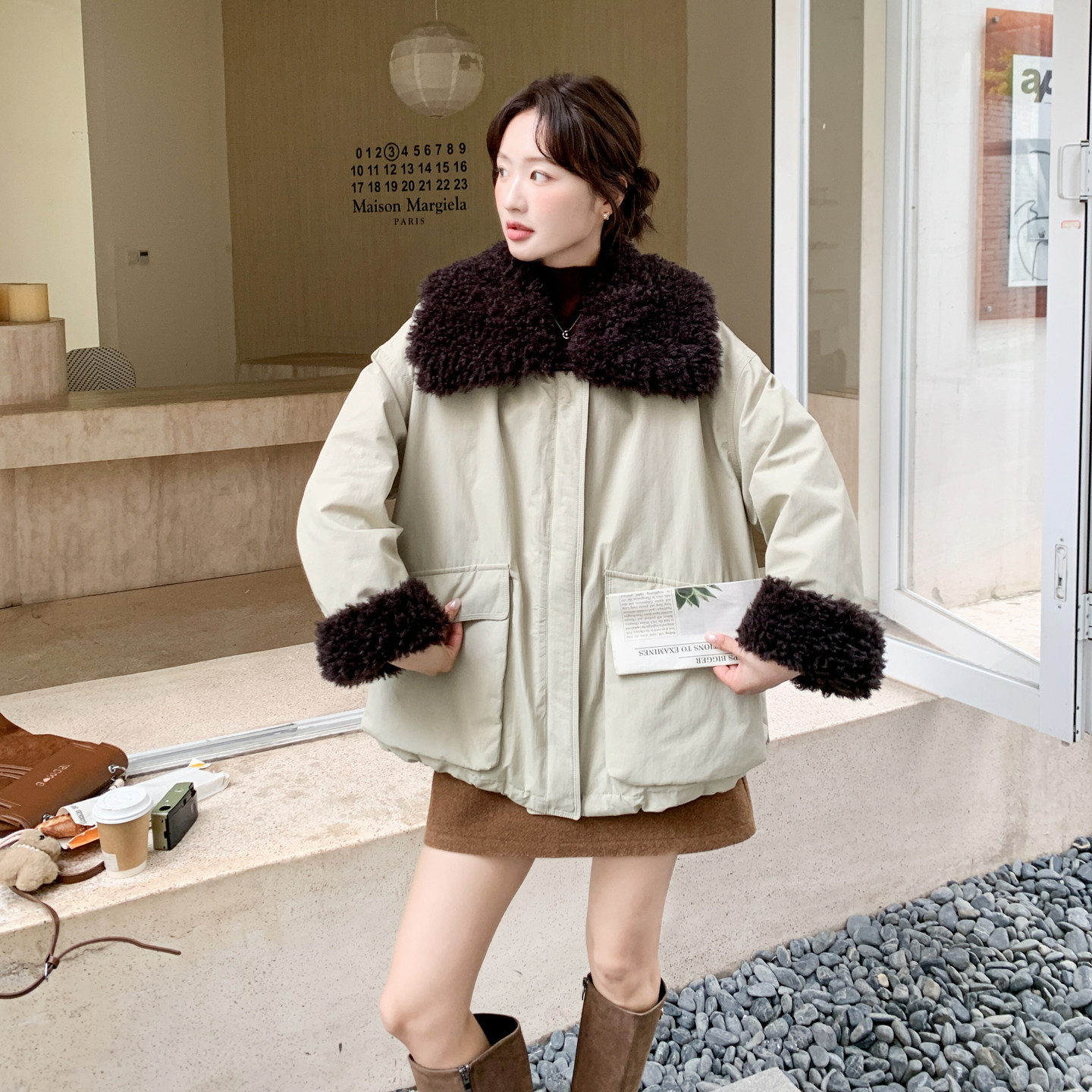 韩版工装风羊羔毛领外套派克服女冬米白色加厚保暖冲锋衣90羽绒服,女装派克服,2C166