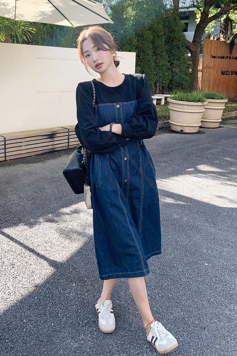 设计感拼接牛仔长袖连衣裙女2025秋装新款超火好看休闲减龄中长裙,女装连衣裙,2C135