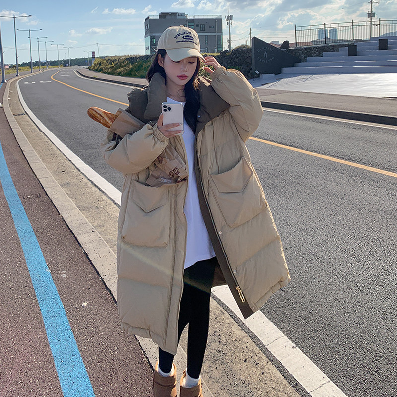 韩版中长款拼色连帽羽绒服女2025冬季新款加厚显瘦减龄白鸭绒外套,女装羽绒服,2C159