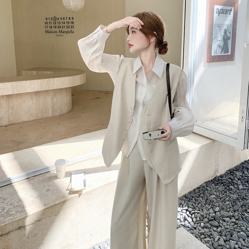 法式减龄气质马甲衬衫阔腿裤套装女2025年秋季新款高级感三件套潮,女装套装/套裙,2C203