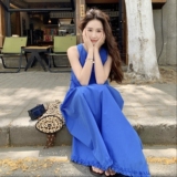 克莱因蓝色拼接无袖连衣裙2025新款女初夏超好看法式高级感背心裙，女装连衣裙，2C166