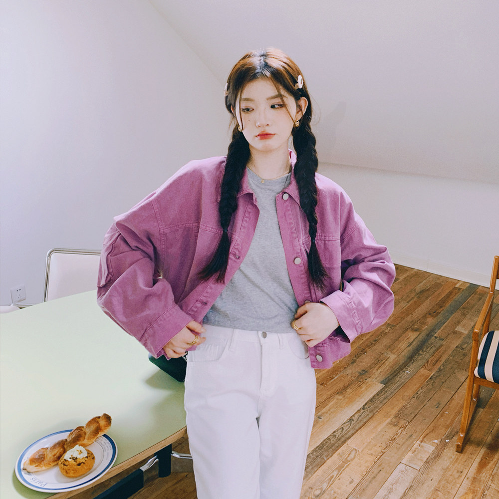 紫粉色复古减龄牛仔短外套女2025春秋季新款韩版休闲显瘦夹克上衣,女装短外套,2C137
