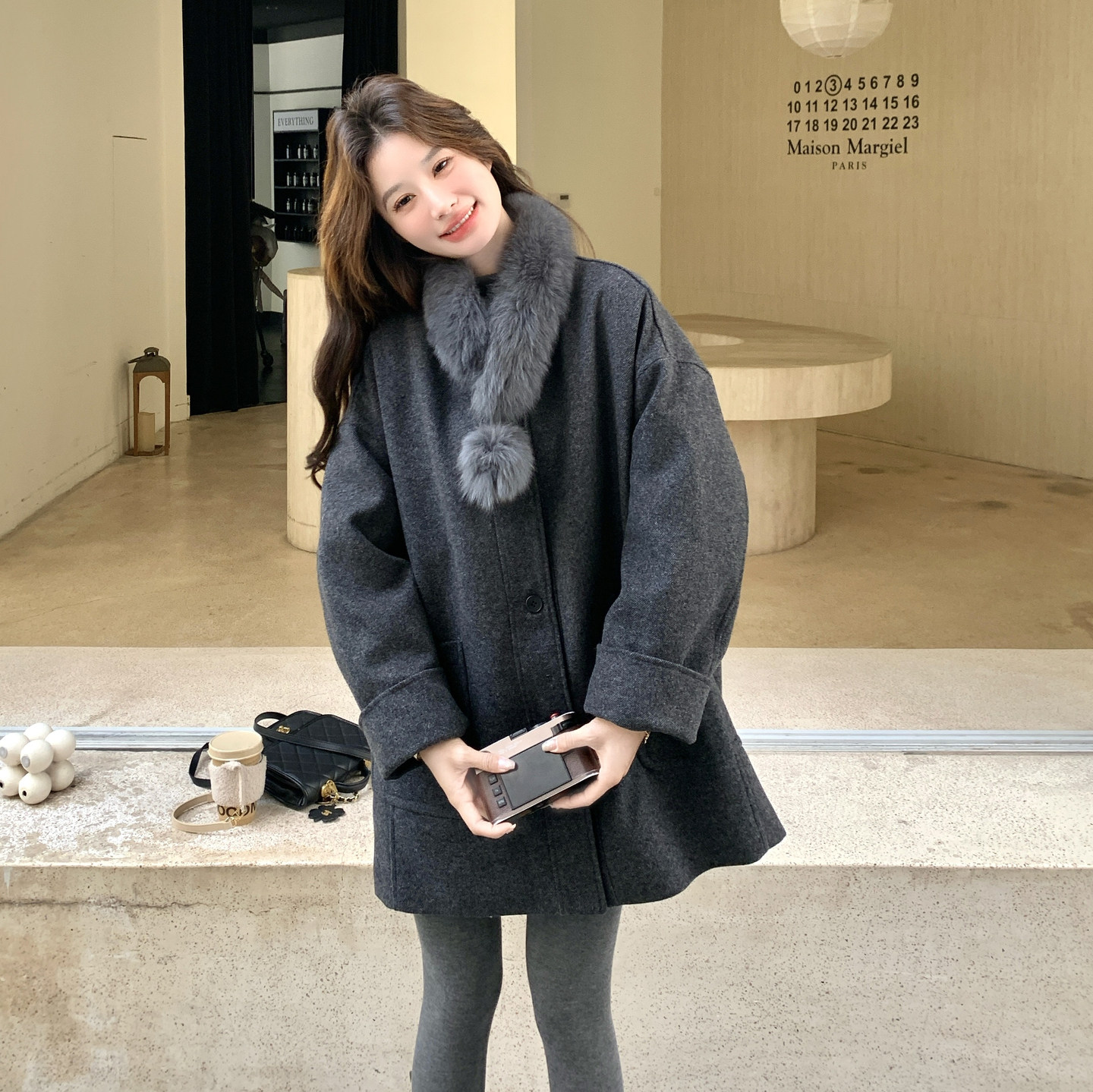 轻奢老钱风灰色毛呢大衣女冬季气质宽松中长款羽绒服羊毛外套,女装羽绒服,2C166
