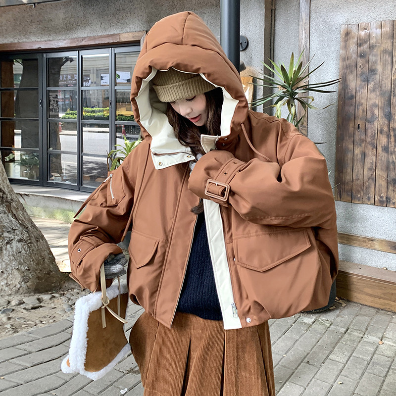 咖色工装羽绒棉服女短款2024冬季新款高级感小个子加厚棉衣棉袄潮,女装短外套,2C088