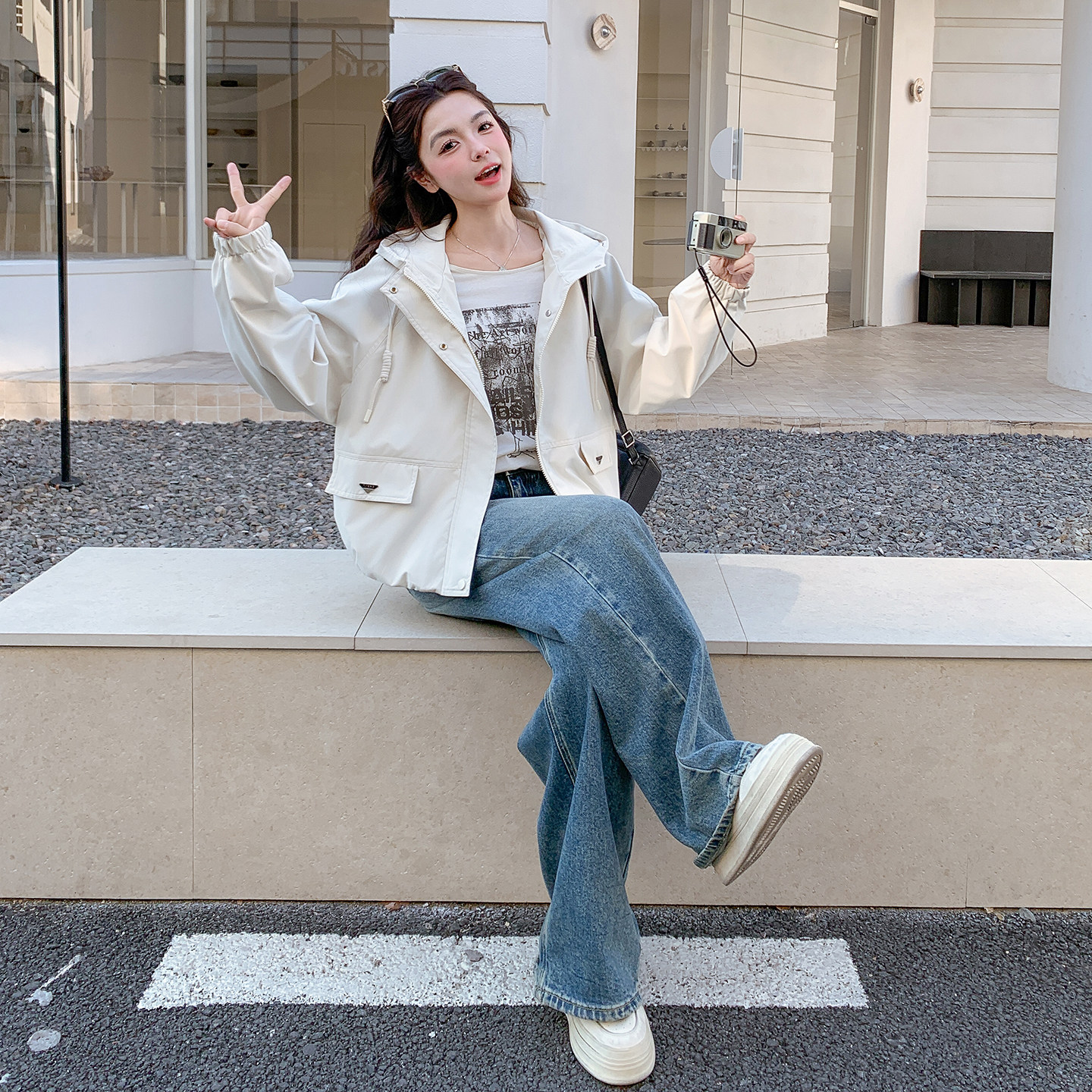 现货！现货！韩系休闲连帽短款外套女2026春秋新款小个子夹克上衣,女装短外套,2C306