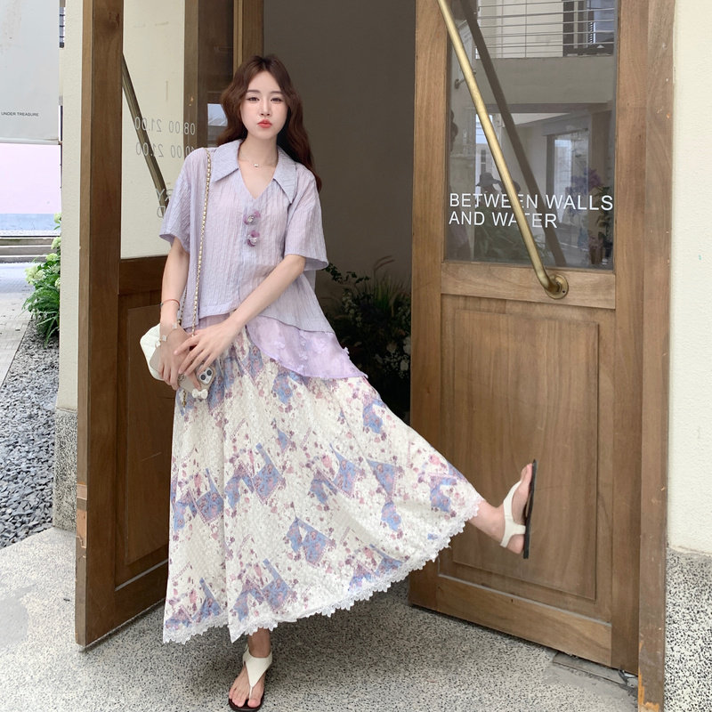 紫色衬衫碎花半身裙套装女夏2025新款流行超火爆款两件套巨好看,女装套装/套裙,2C117